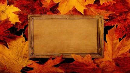 Obraz premium Rustic Wooden Frame Surrounded by Autumn Maple Leaves on Black Background fall