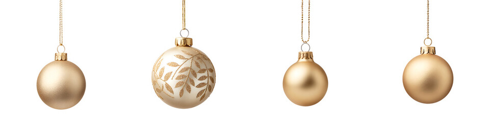 Elegant Golden Christmas Ornaments Isolated on White Background - Set of Four
