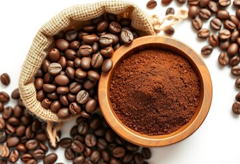 Fototapeta premium Roasted coffee beans in burlap sack, ground coffee in wooden bowl, white background, brown, delicious