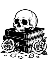 Black and white vector of stacked books with a skull and roses, perfect for fantasy, dark romance, engraving and creative projects for book lovers