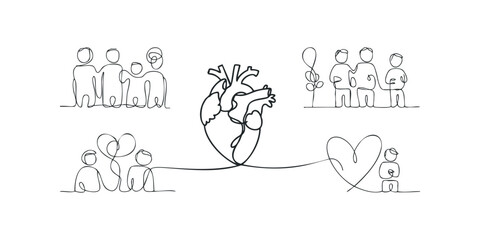 Continuous Line Art of Human Figures Connected to a Heart