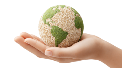 Sustainable Earth: Globe in Hand Made of Grains and Green Vegetation, Isolated