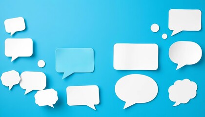 White paper cut speech & thought bubbles on blue background, card, frame