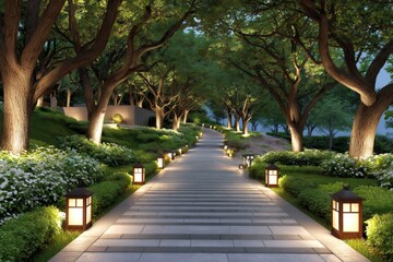 Obraz premium Park pathway with trees and decorative garden lights