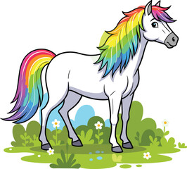 Cartoon unicorn vector illustration, magical rainbow mane and tail, whimsical children’s artwork, fantasy animal design, colorful nature graphic template