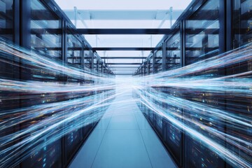 Server room with glowing blue light streaks representing data flow and speed data center