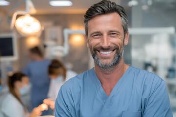 Obraz premium Smiling dentist man in scrubs in clinic