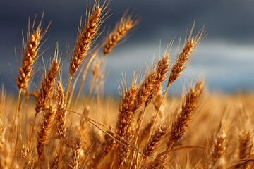 Fototapeta premium Golden wheat fields sway under a dramatic sky at sunset in a rural landscape