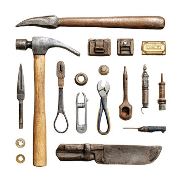 An array of vintage hand tools arranged on a black background
