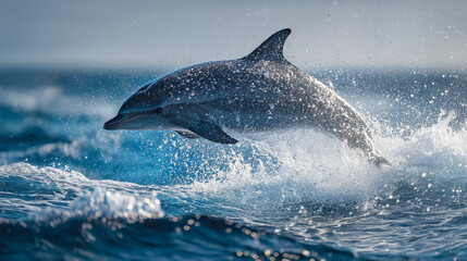 Fototapeta premium A dolphin leaps out of the water with droplets surrounding it in a dynamic ocean scene on a bright day
