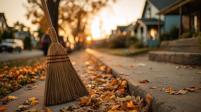 A broom stands ready amidst fallen leaves on a suburban street at sunset, ready to sweep away autumn's colorful remnants. Cleaning up leaves.