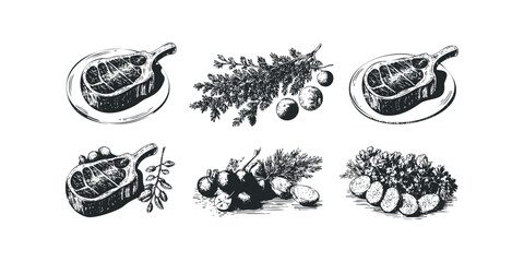 Meat cuts and fresh herbs arranged with fruit