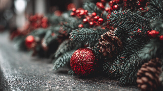 Festive evergreen arrangement with vibrant red berries, a shimmering red ornament, and natural pinecones for a touch of yuletide cheer.