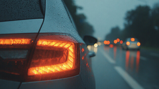 A car's taillight glows in the rainy dusk, droplets clinging to the body, showing the beauty of driving in adverse conditions on the road.