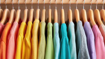 A rainbow of clothes hangs neatly in an organized closet, offering a spectrum of colors for the perfect outfit choice every single day.