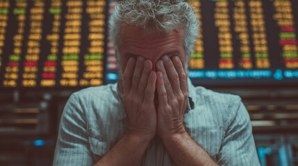 a man covering his face with hands in stock market 