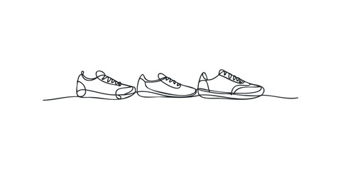 Three athletic shoes drawn in continuous line art style