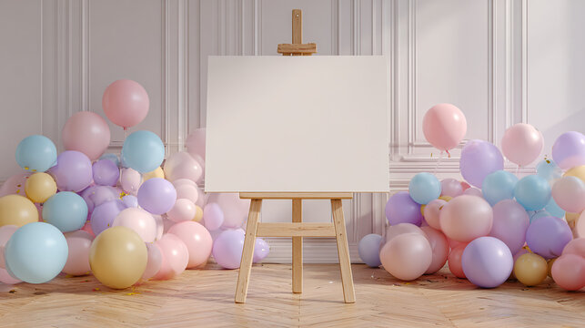 Pastel balloons surround an easel with a blank canvas, casting a cheerful, artistic vibe in a sunlit room with classic paneled walls.