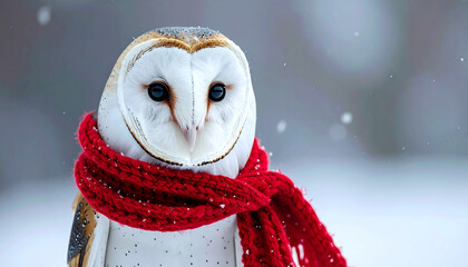 White barn owl wearing red knitted scarf winter portrait
