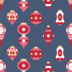 Xmas Seamless Pattern with Christmas tree decorations of different shapes on blue background. Vintage holiday ornament. Flat Vector Illustration.