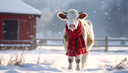 White cow red scarf winter snow barn background scene