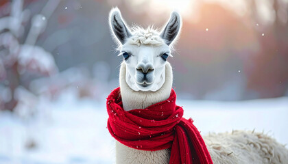 White llama wearing red scarf in snowy winter landscape