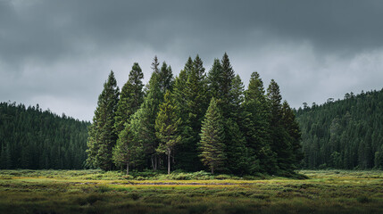 Fototapeta premium Tranquil nature scene featuring a verdant forest under a cloudy sky, blending serenity with the raw beauty of untouched wilderness.