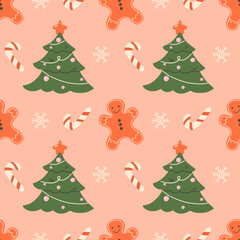 Christmas, winter seamless pattern with a Christmas tree, gingerbread, candies, and snowflakes