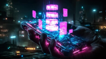 Future technologies: a data hologram emanating from a mobile device in a hand. Neon lights, cyberpunk, communications. - Powered by Adobe