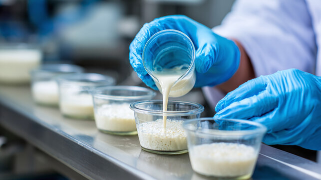 Controlled milk processing in a food science lab. A lab technician pours liquid into glass containers with blue gloves on a production line.