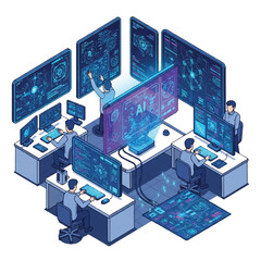 Isometric illustration of four people working at computer desks surrounded by multiple screens with data visualizations and AI interface in a modern office setting with blue tones.