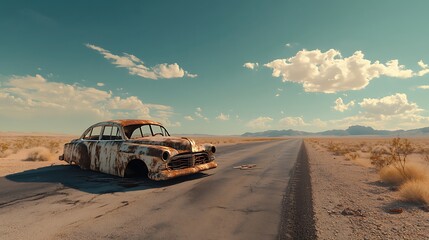 A solitary, rusting vehicle abandoned on the side of a deserted highway in a drought-stricken region
