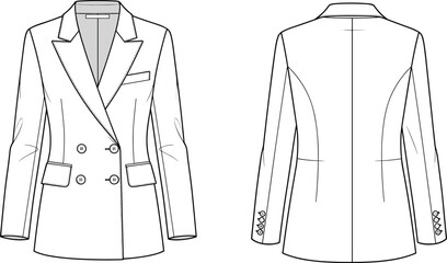 cad drawing flat vector illustration, double breasted blazer technical sketch, front and back view, fashion design template, formal women’s jacket mockup