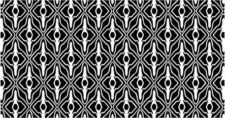 Black and white seamless geometric pattern with abstract curved shapes, creating a modern tribal look suitable for textile or wallpaper design.