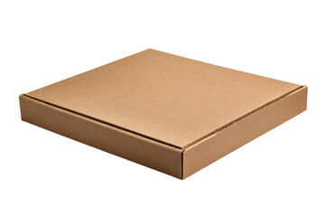 A close-up of a closed, square cardboard box with a simple design, on a black background