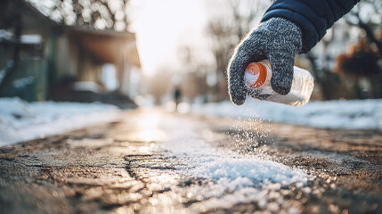 Gloved hand spreading salt on an icy pavement. Melting ice on a frosty day makes walking safer, preventing accidental slips and falls.