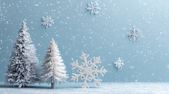 A whimsical winter scene with snow-covered trees and shimmering snowflakes, evoking the magic of the holiday season with its pastel colors.