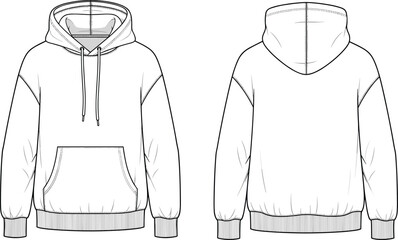 cad drawing flat vector illustration, hoodie fashion technical sketch, front and back view, unisex pullover sweatshirt template, apparel mockup