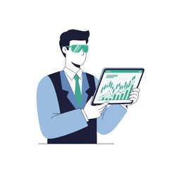 Illustration of a businessman in a suit holding a tablet with a graph on the screen in a minimalist style with a professional mood.