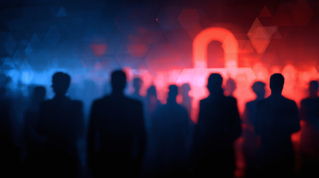 A silhouette crowd stands before a digital lock icon. The red and blue lighting symbolizes complex digital security and data privacy issues.