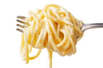 Close-up view of pasta noodles coated in creamy, cheesy sauce, held aloft by a fork