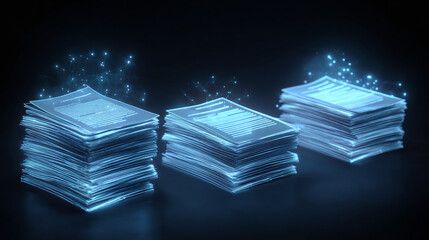 Fototapeta premium Digital documents stacks interconnected by a glowing network, highlighting data sharing and connectivity in modern information management systems.
