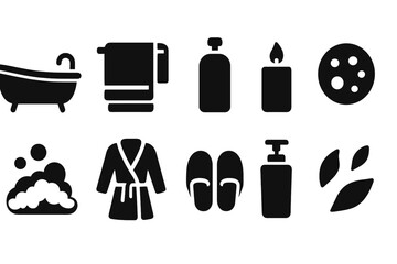 Fototapeta premium Bathroom essentials solid icon set. Bath, hygiene, grooming essentials solid collection