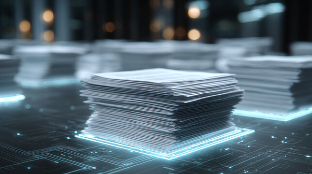 Stacks of papers on futuristic circuit board. A modern depiction of bureaucracy & data processing. Efficient paper & digital integration.