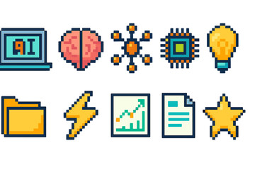 Technology, ai, science pixel icon set. Digital innovation, tech symbols in pixel art style