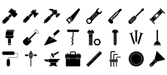 Minimalist Tools line icons set with editable stroke, featuring mallet, ax, hammer, hand saw, wrench, washer, tool box, cutter, bolt, screw, pencil, chainsaw, level, nails. thin linear illustration.
