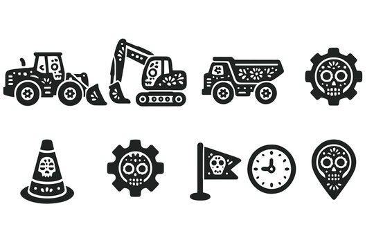 Fototapeta Construction and skull silhouette icon set with dia de los muertos theme