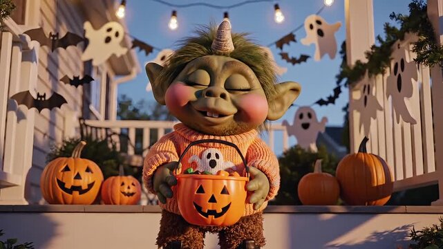 Cute troll doll dressed for Halloween holding a pumpkin basket with a ghost standing on a decorated porch