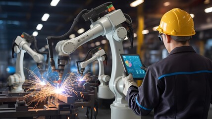 Industrial Robot Working with Engineer in Smart Factory Representing Automation, Industry 4.0, and Technology Innovation