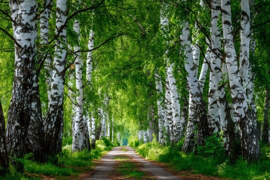 Birch trees lining path through spring forest